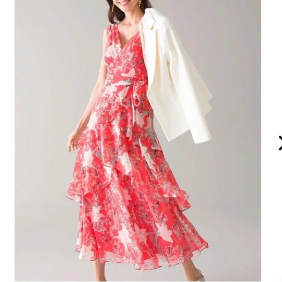 WHBM Coral Flirty Floral Print Midi Dress - Picture 2 of 14